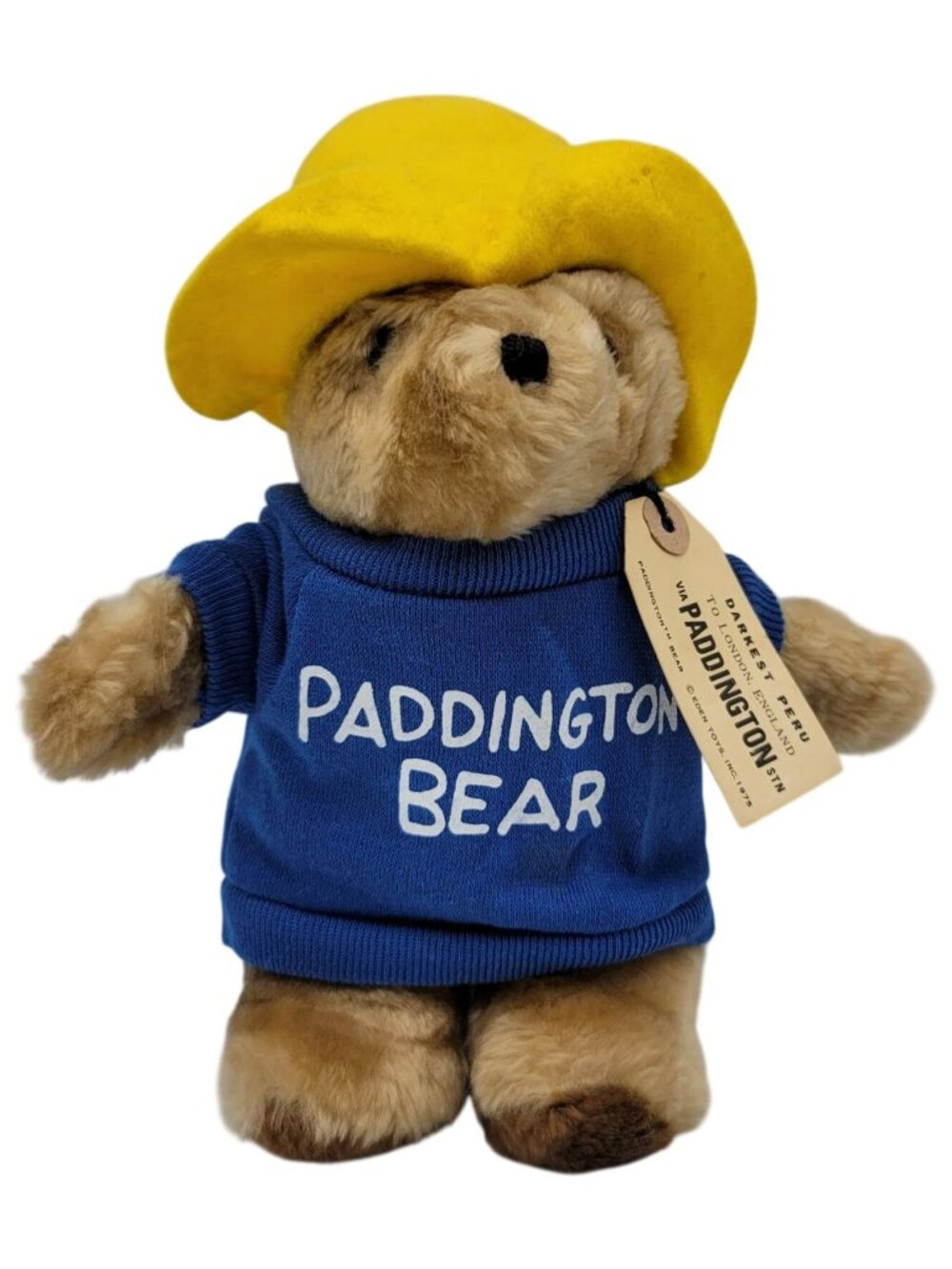 Eden Paddington Bear Plush Brown 9.5" Yellow Hat Blue Sweatshirt Tag Vintage